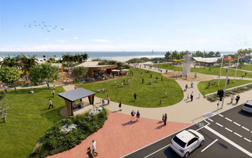 Artist's impression of the redeveloped Semaphore foreshore with a park, shelter, paths and people walking near the beach