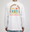 Back of the white Semaphore Surf Co. long sleeve tee with the full-colour Est. ’26 South Australia emblem