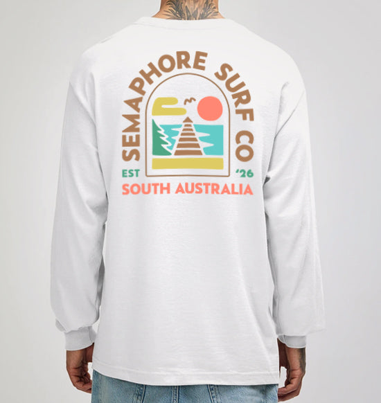 Back of the white Semaphore Surf Co. long sleeve tee with the full-colour Est. ’26 South Australia emblem