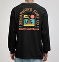 Back of the black Semaphore Surf Co. long sleeve tee with the full-colour Est. ’26 South Australia emblem