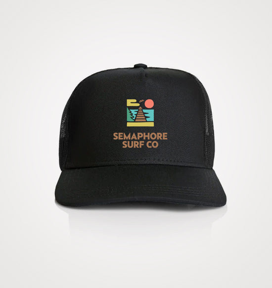 Black mesh-back trucker cap with the colour Semaphore Surf Co. jetty icon and wordmark on the front