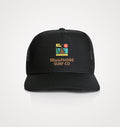 Black mesh-back trucker cap with the colour Semaphore Surf Co. jetty icon and wordmark on the front