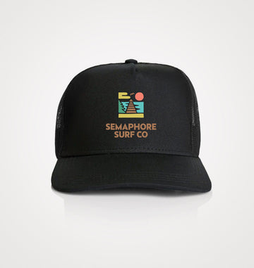 Black mesh-back trucker cap with the colour Semaphore Surf Co. jetty icon and wordmark on the front